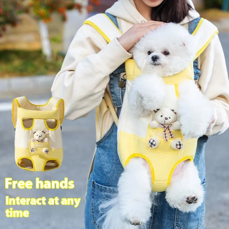 A cartoon-patterned canvas chest bag for pets with adjustable ribbon straps, shown in the Beka Yellow Bear design.