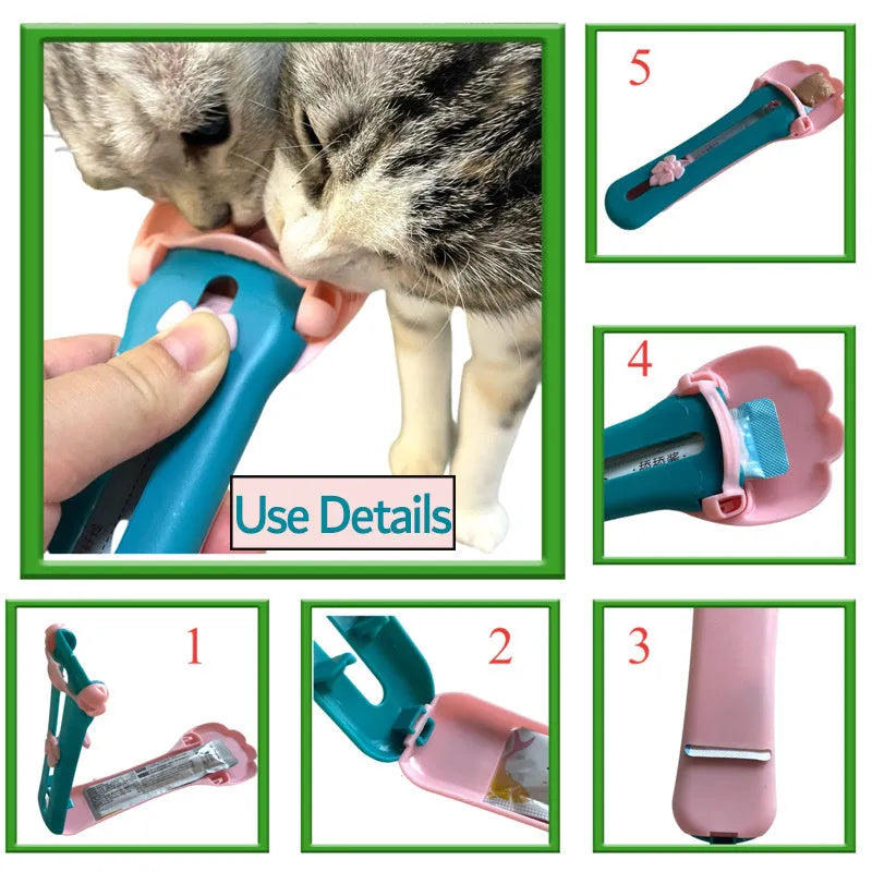 Green and pink pet food extrusion scoop with a squeezer dispenser for cat and dog treats