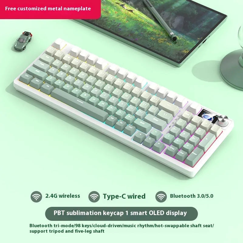 98-key wireless Bluetooth mechanical keyboard kit with metal knob and multiple colour background options