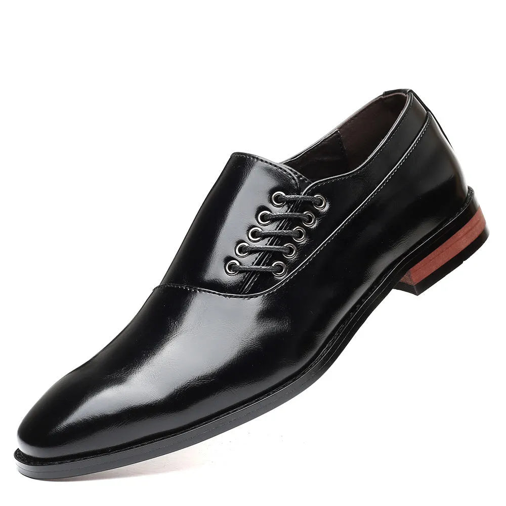 Men's square toe low-top lace-up shoes with leather stitching, available in black, red, and yellow, sizes 38-48