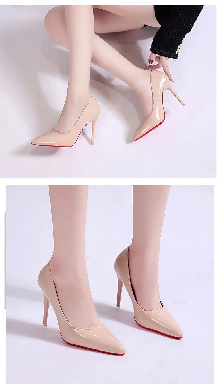 Women's black stiletto heel pumps with pointed toe and shallow mouth design on white background
