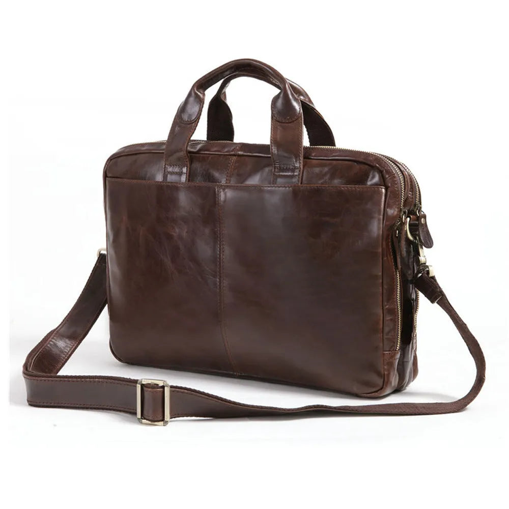 Brown men's business briefcase made from first layer cowhide leather with 18-inch size