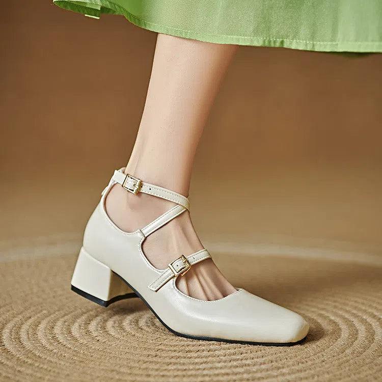 Square-toe chunky heel women's pumps in black with rhinestone decoration on PU upper