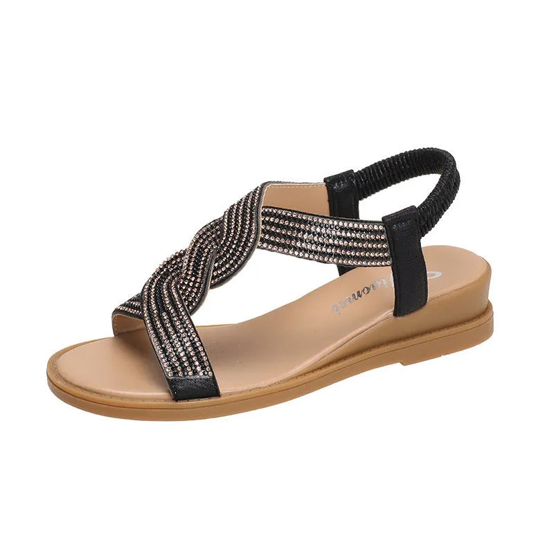 Women's Roman sandals with rhinestones, fish mouth toe, black colour, side view