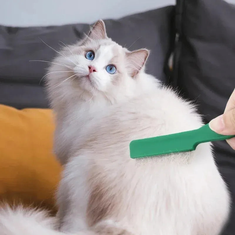 Green pet flea comb with stainless steel pins and plastic handle for dog and cat grooming