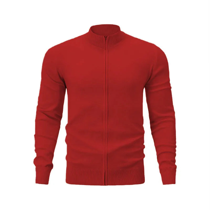 Casual stand collar zip-up sports sweater in a solid colour, shown on a model.