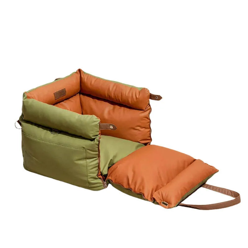 Green waterproof PU dog car nest with removable cover, shown on a car seat, dimensions 55x50x45cm.