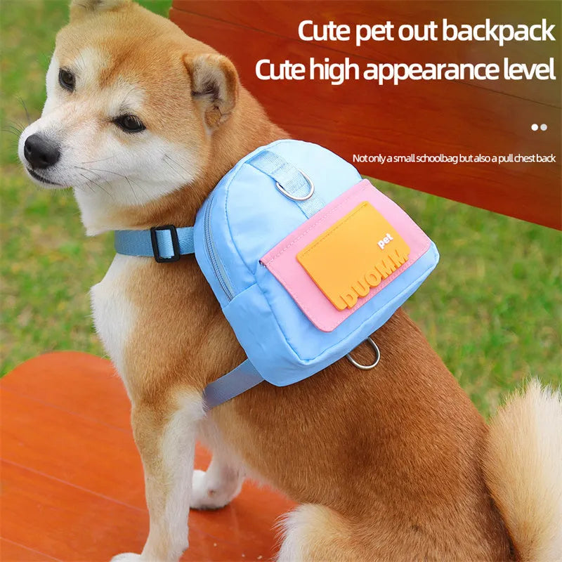 Blue multifunction dog backpack with adjustable harness, storage compartment, and attached tow rope on medium-sized dog