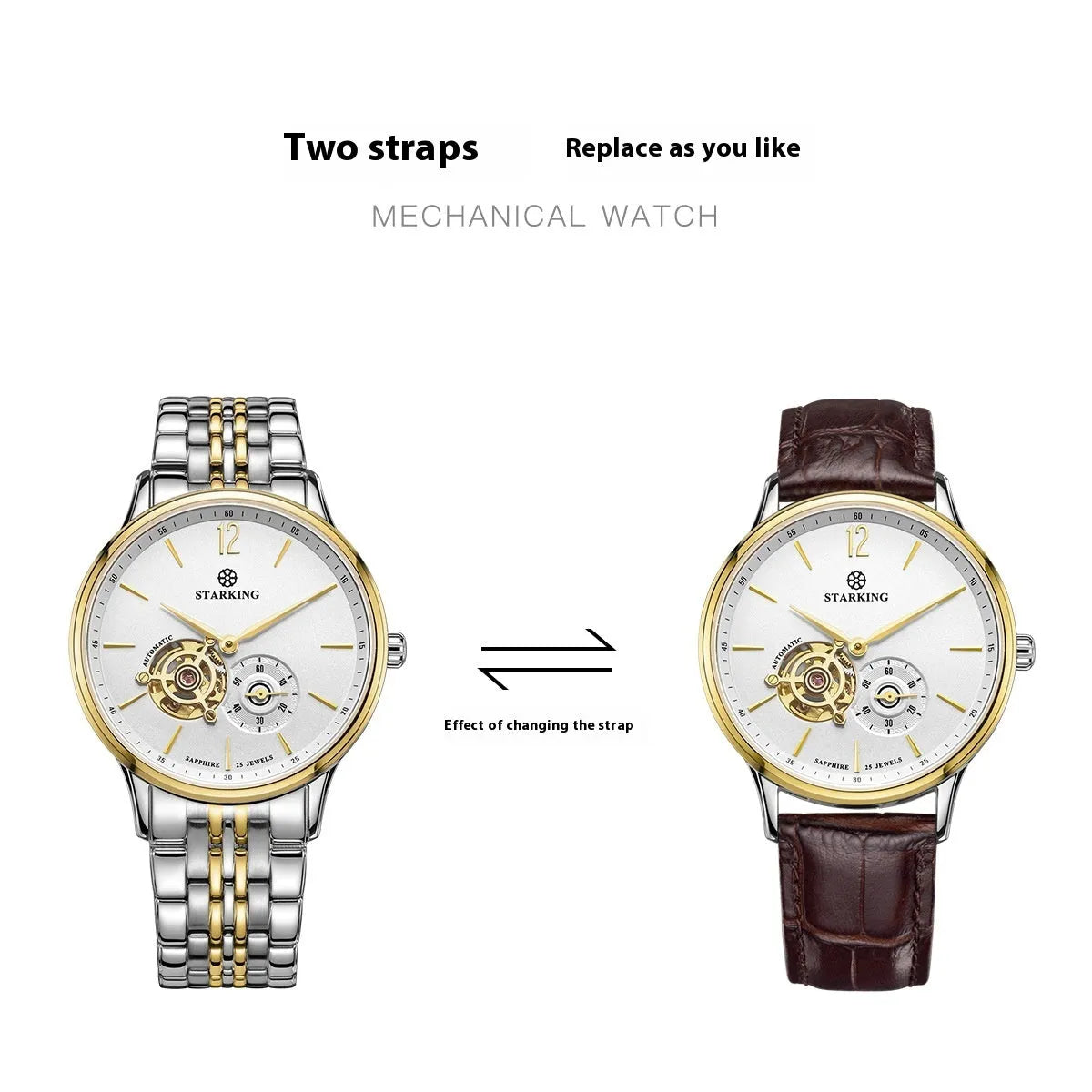 Automatic mechanical men's business watch with white dial, brown leather strap, and stainless steel case.