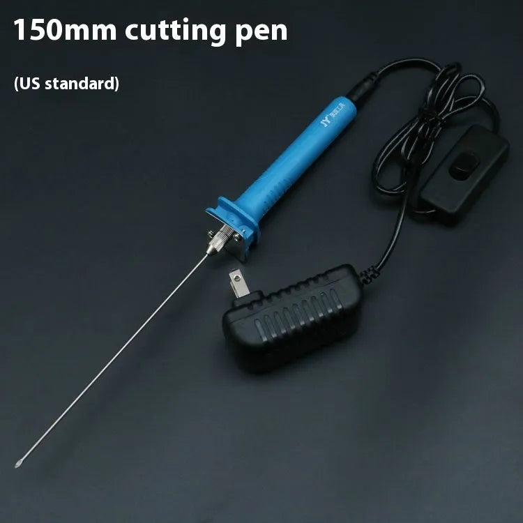 Blue plastic-handled electric heating cutter pen with adapter for cutting foam and pearl cotton.