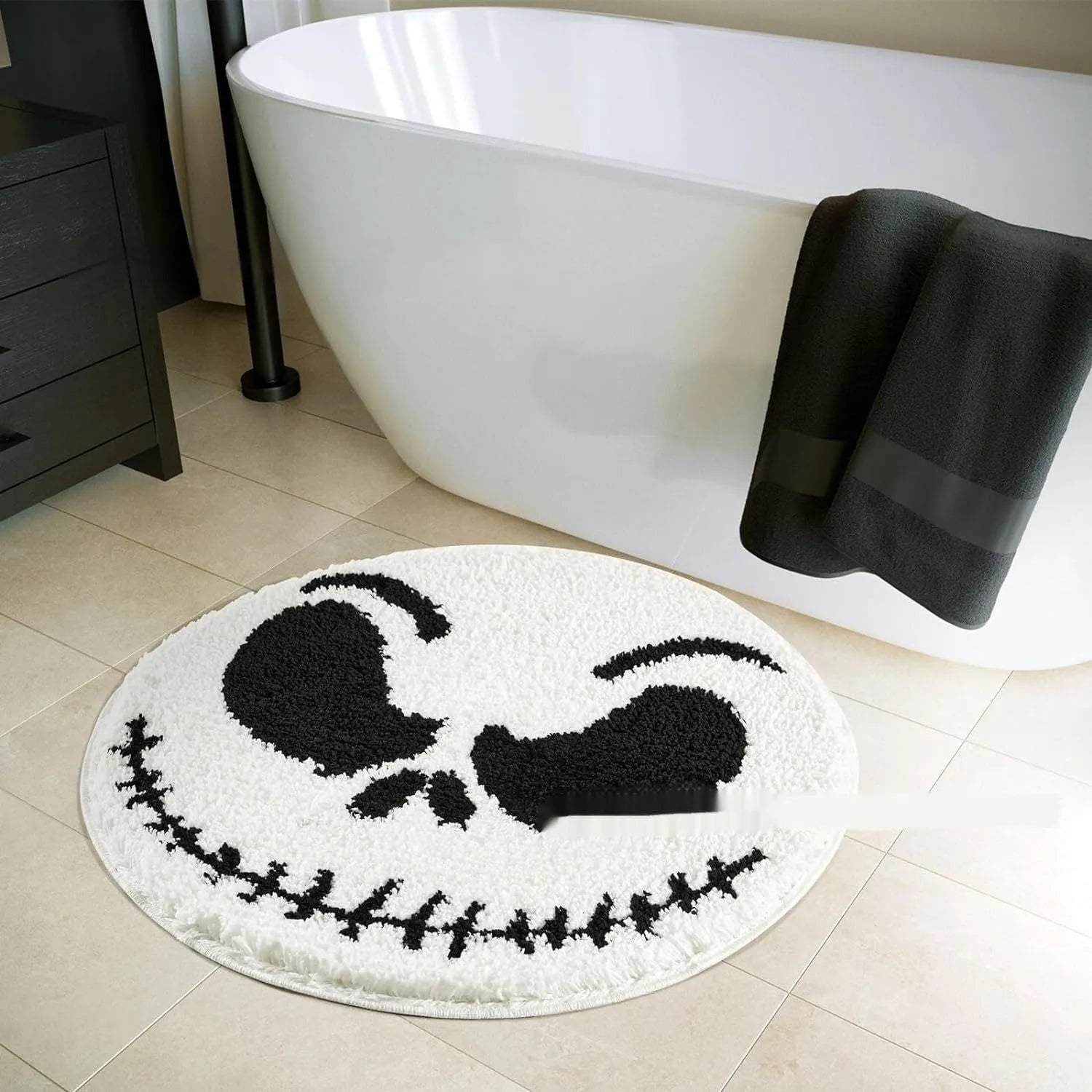 Round Christmas carpet with festive blanket design on floor beside holiday decorations