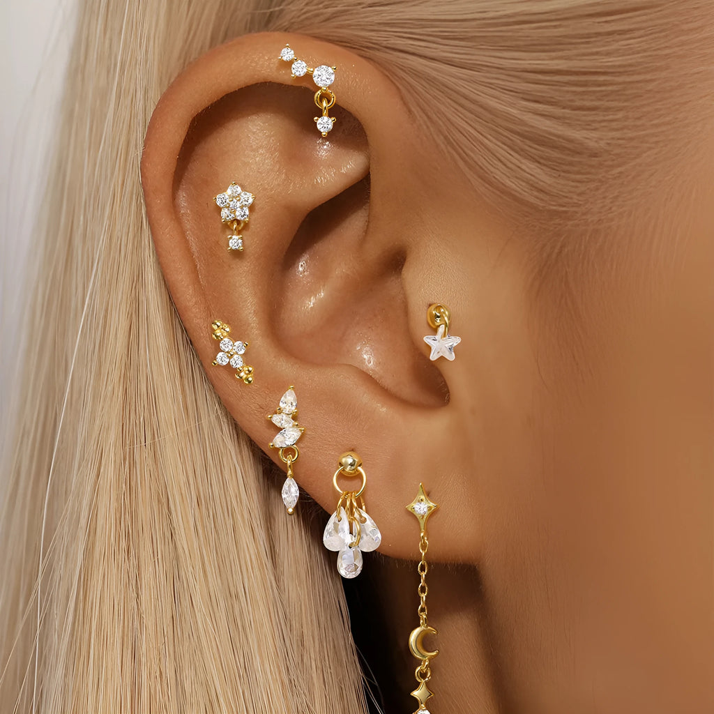 S925 sterling silver moon and star earrings with embedded diamond details in gold-plated finish