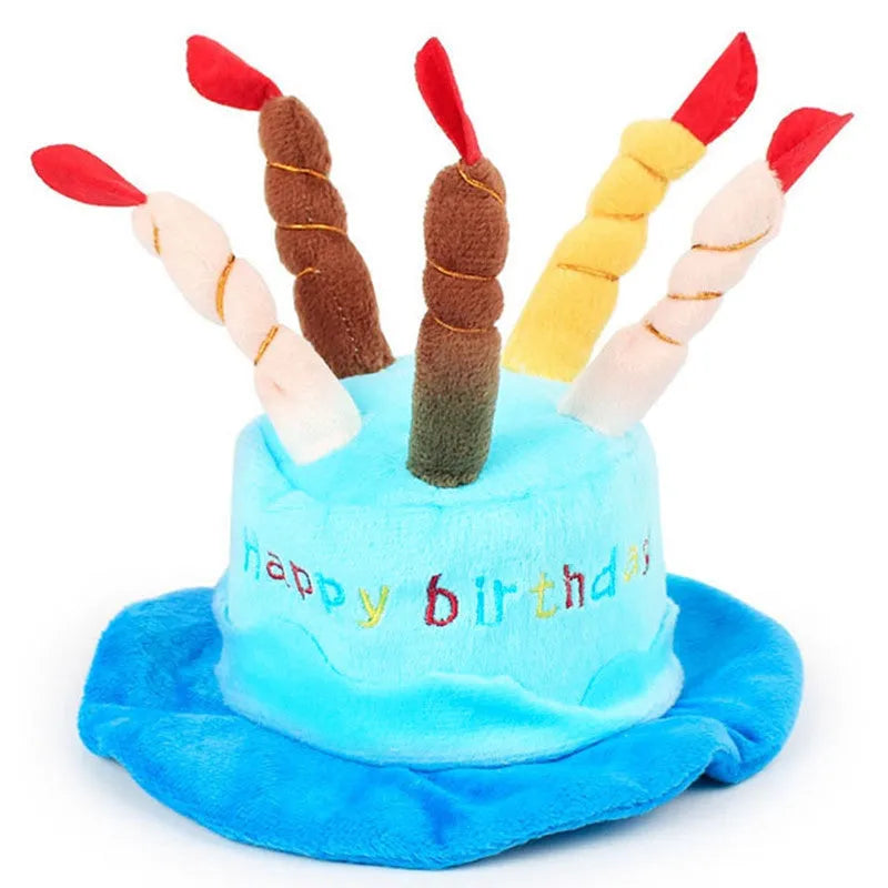 Blue and pink dog birthday hat toy with party whistle, measuring 21cm by 15cm by 6.5cm