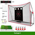 Golf swing wedge training net with 3-hole cross design and straw mat on grass