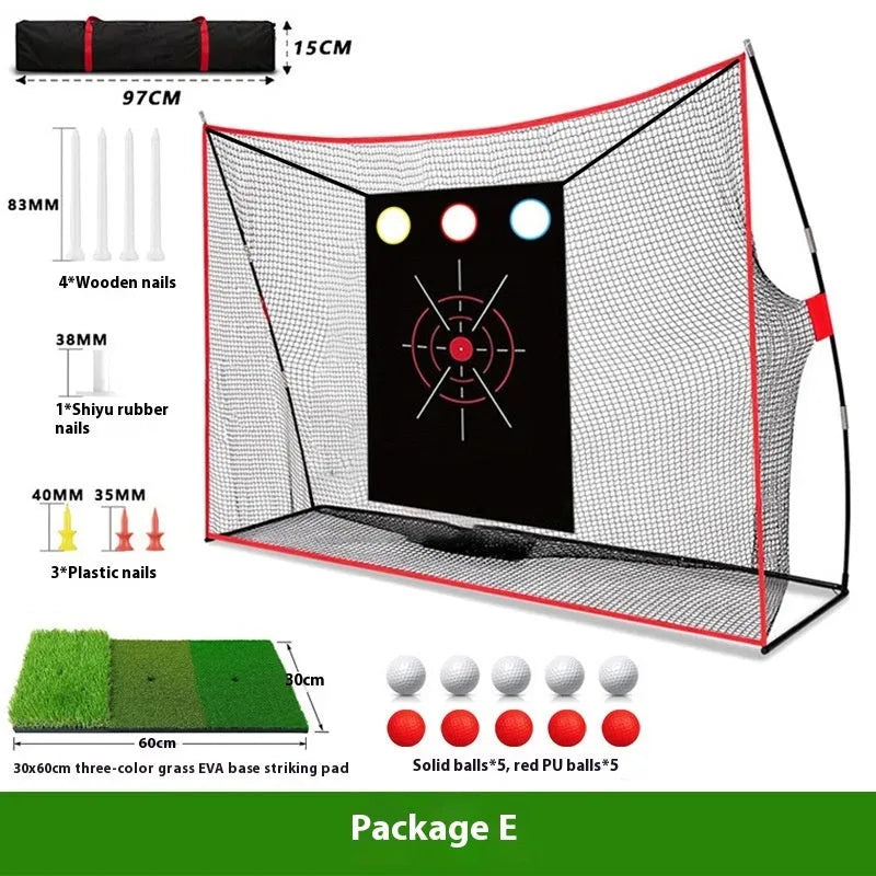 Golf swing wedge training net with 3-hole cross design and straw mat on grass