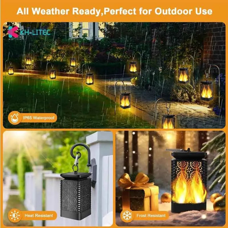 Set of four black solar-powered hanging lanterns with flickering flame LED lights for outdoor garden decoration.