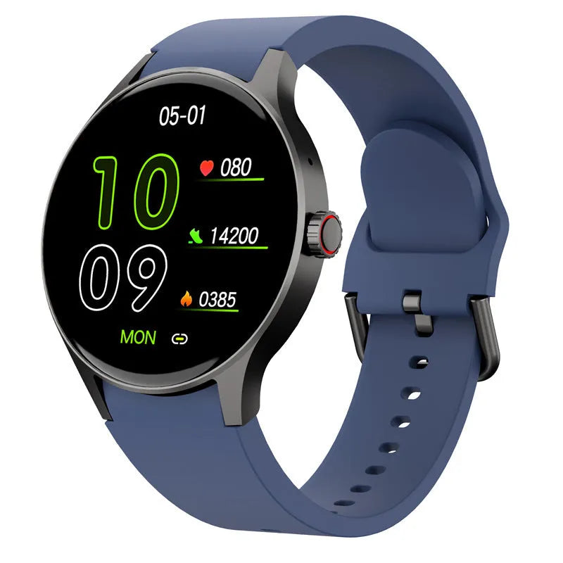 Black unisex smart sport watch with a round screen on a wrist, showing a watch face.