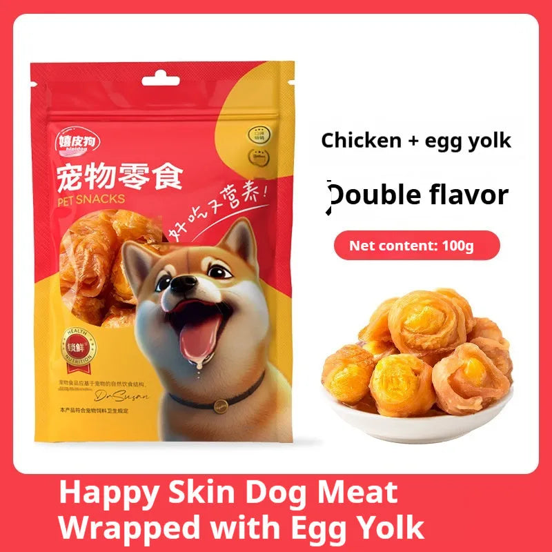 Dog snack with egg yolk and chicken duck meat in chewable form for training rewards