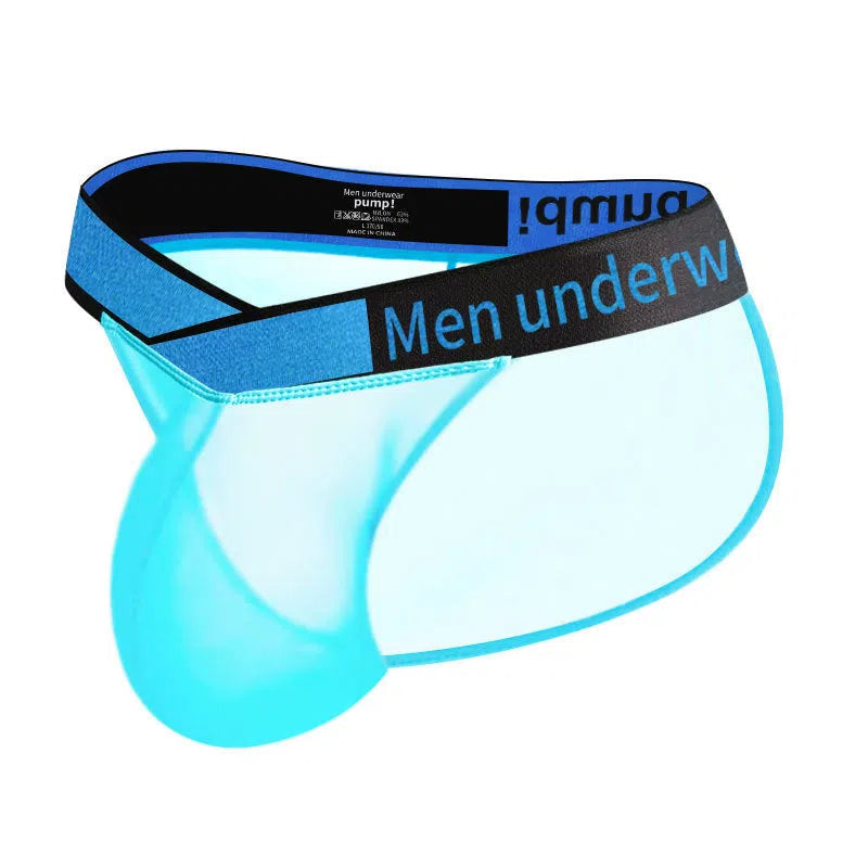 Laser cut V-waist men's nylon ice silk transparent briefs in black, blue, and white