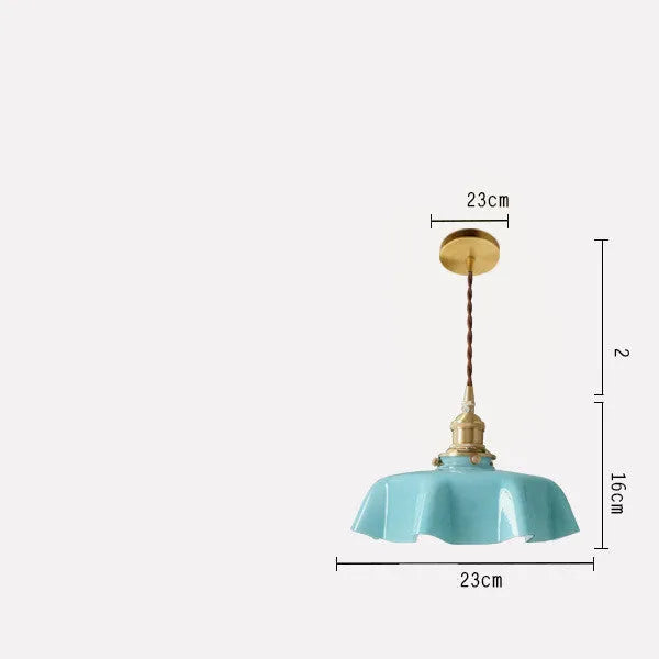 Medieval brass flower bud French chandelier with a glass body and adjustable chain.