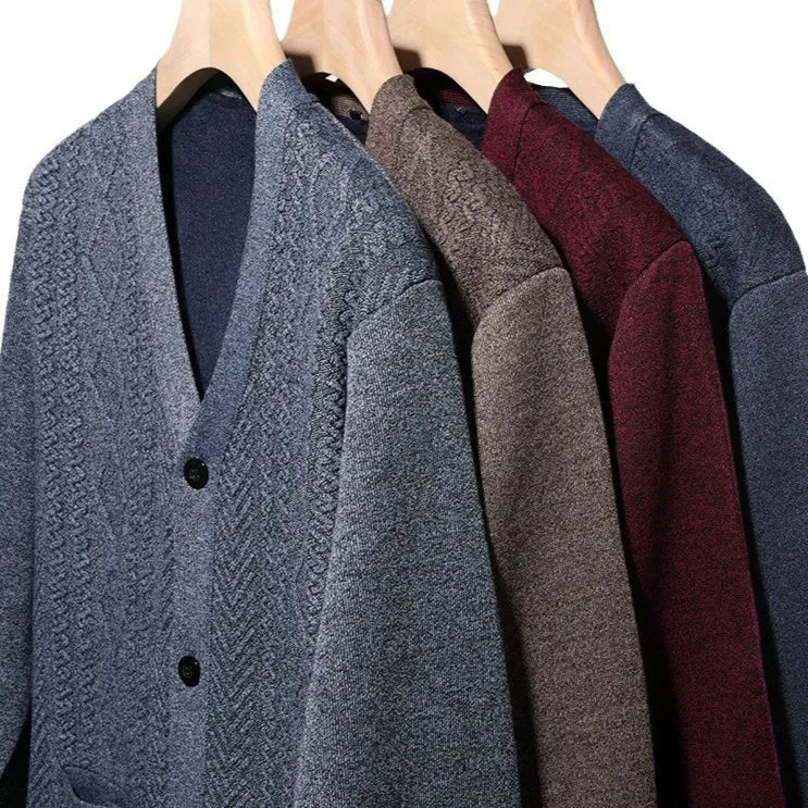 Man wearing a striped cardigan sweater with long sleeves and a wool lining.