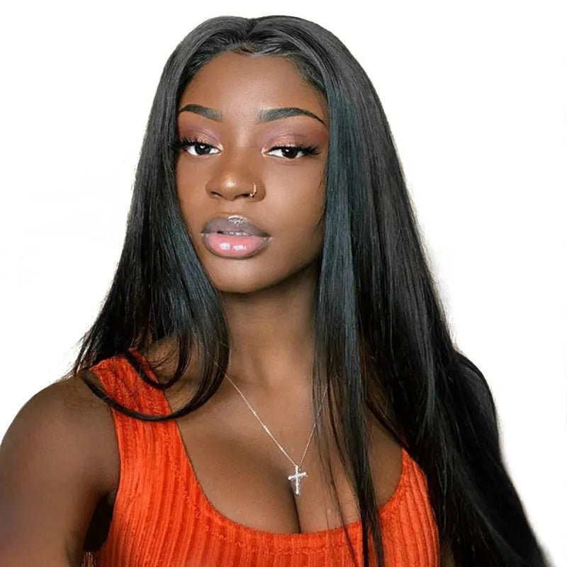 Long straight black synthetic wig with centre-parted bangs on a hair cover.