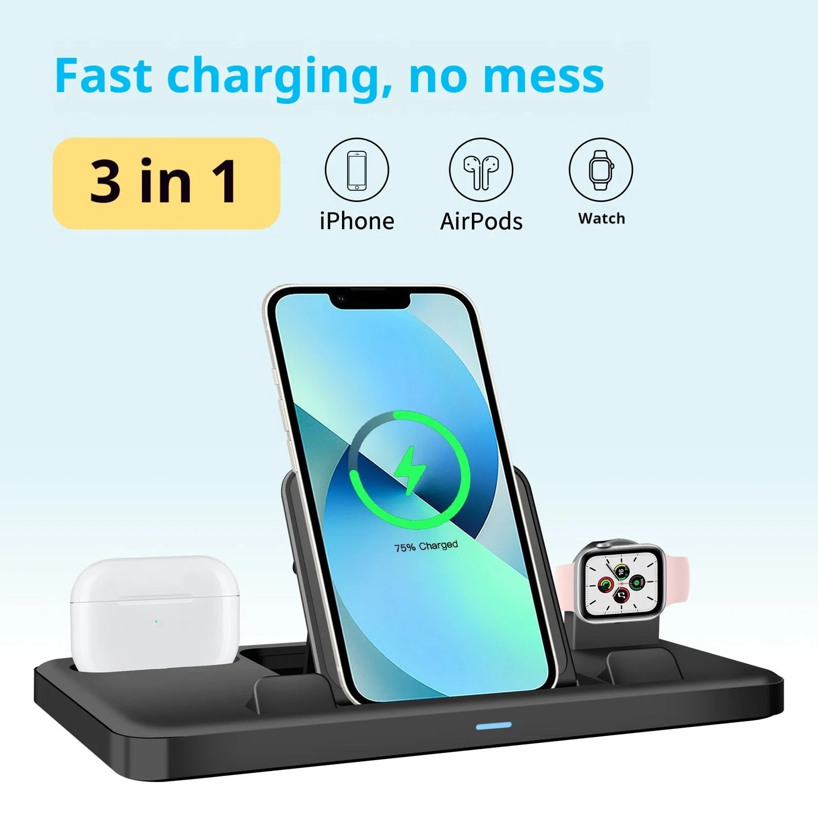 Black ABS plastic three-in-one charging base holding a mobile phone and tablet with cable attached