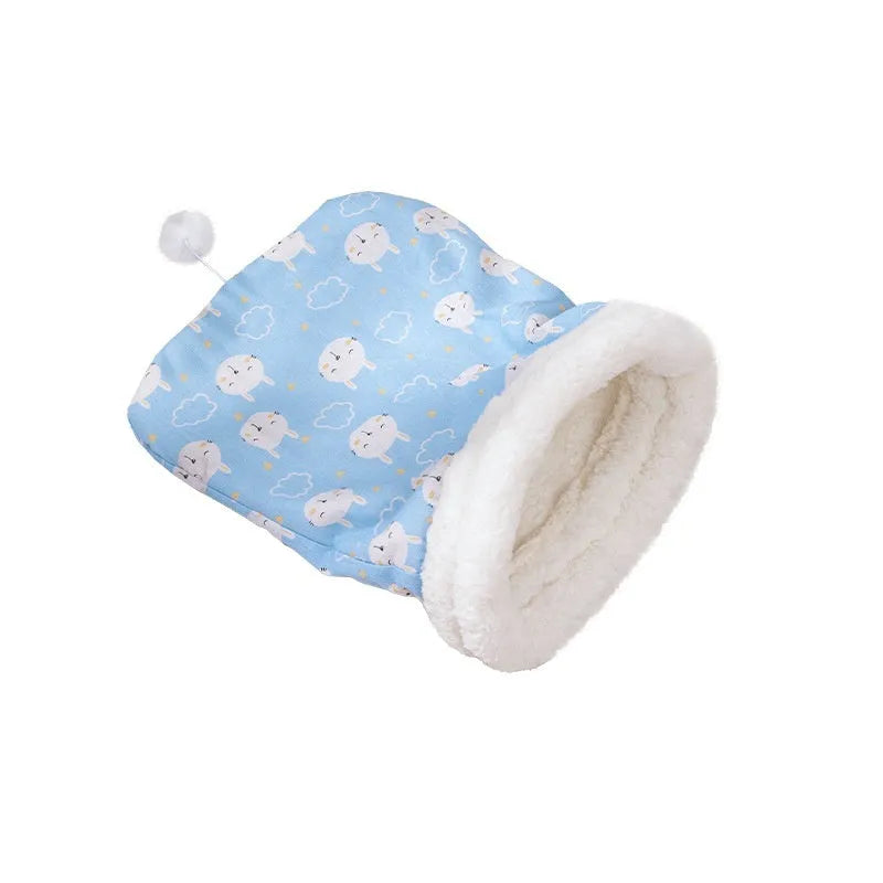 Flannel cat sleeping bag nest in pink Trojan, blue rabbit, or striped pattern, measuring 50cm by 40cm