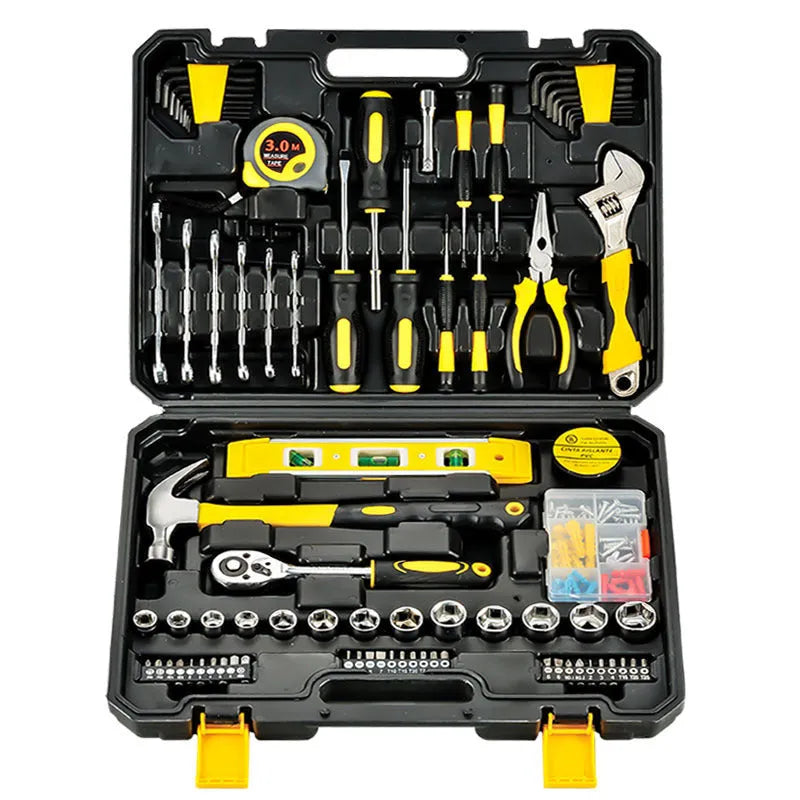 108 piece carbon steel hand tool set in a case with sockets, wrenches, screwdrivers, pliers, and hammer