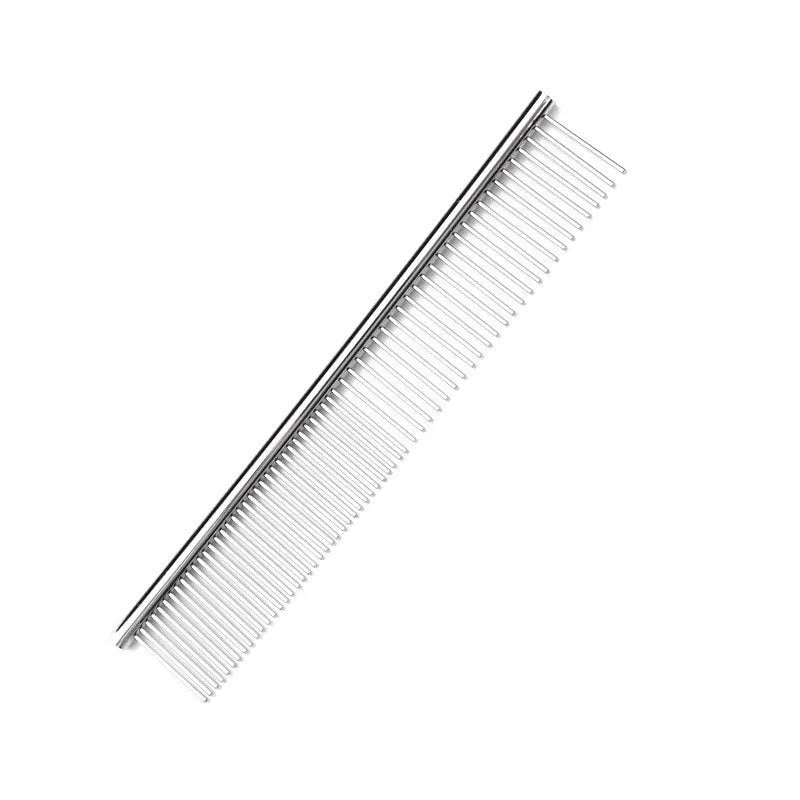 Silver stainless steel straight pet comb for cats and dogs, available in multiple sizes, with metal teeth and a solid handle.