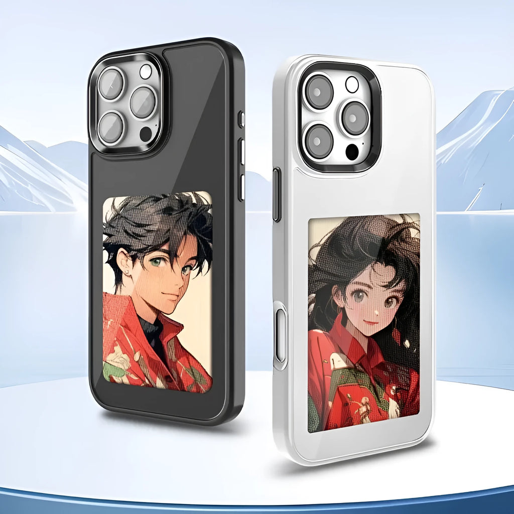 Black Smart NFC screen projection phone case with four-colour e-ink display and TPE relief texture for iPhone