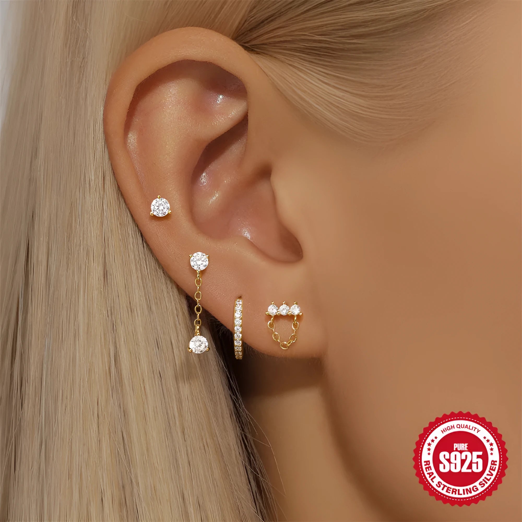 S925 sterling silver clover petal earrings with geometric design in gold tone colours
