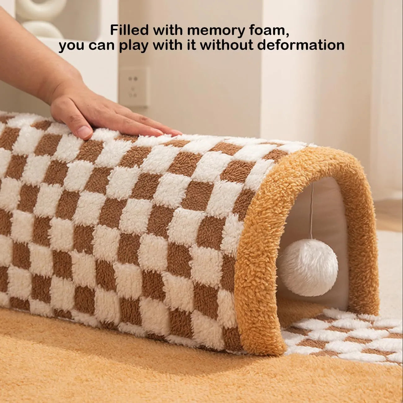 XL fan-shaped plush pet bed with integrated tunnel in plaid fabric, Coffee colour.