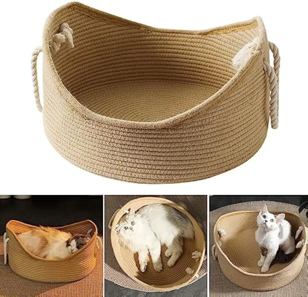Wicker cat bed basket with integrated corrugated scratching surface for small to medium sized cats