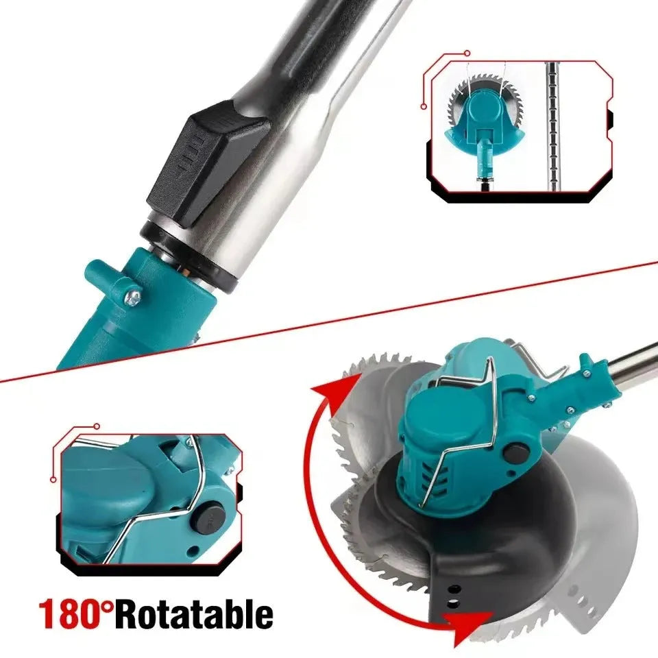 Folding electric lawn mower with telescopic handle and three interchangeable blades on green background