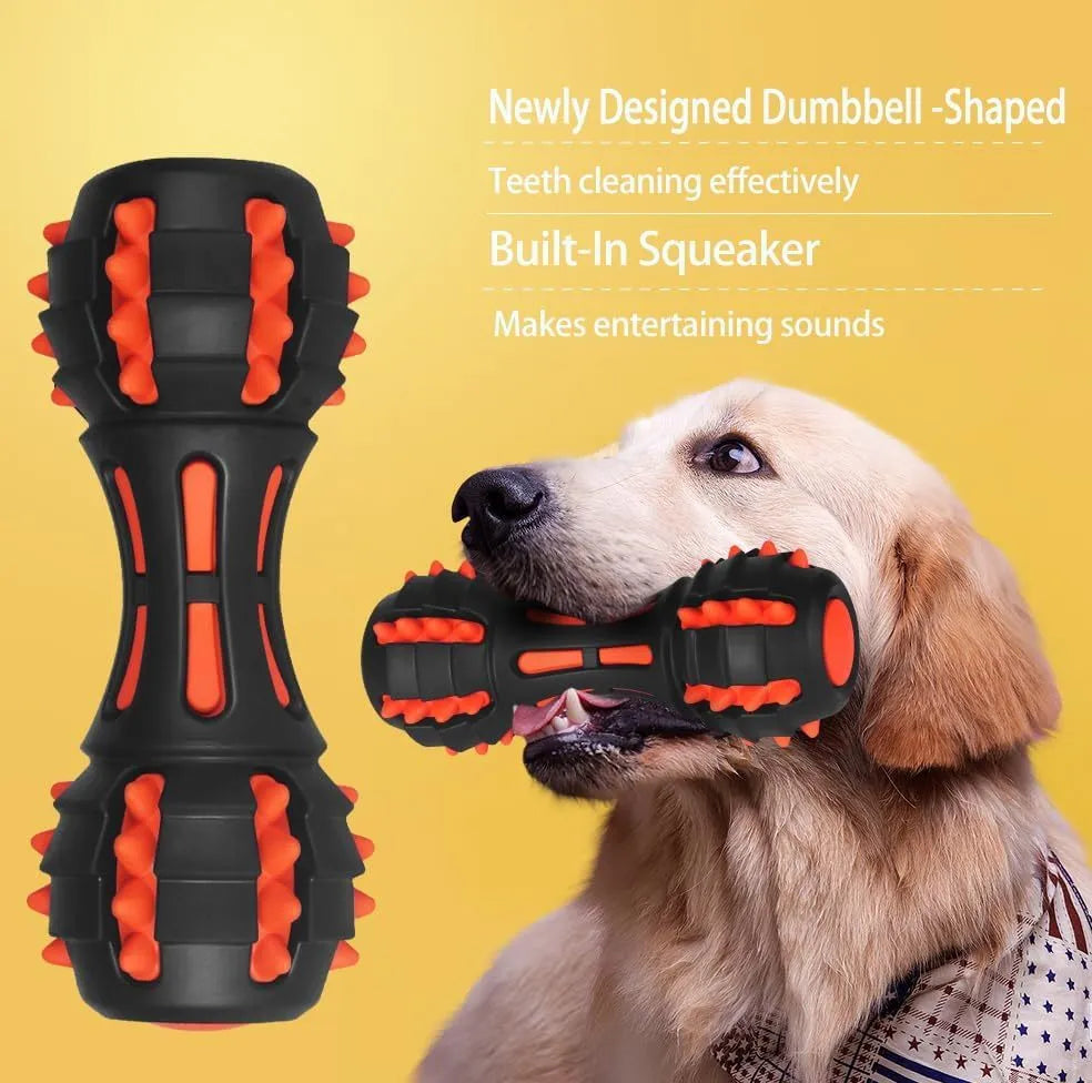 Red rubber dumbbell-shaped dog chew toy with double-layer construction