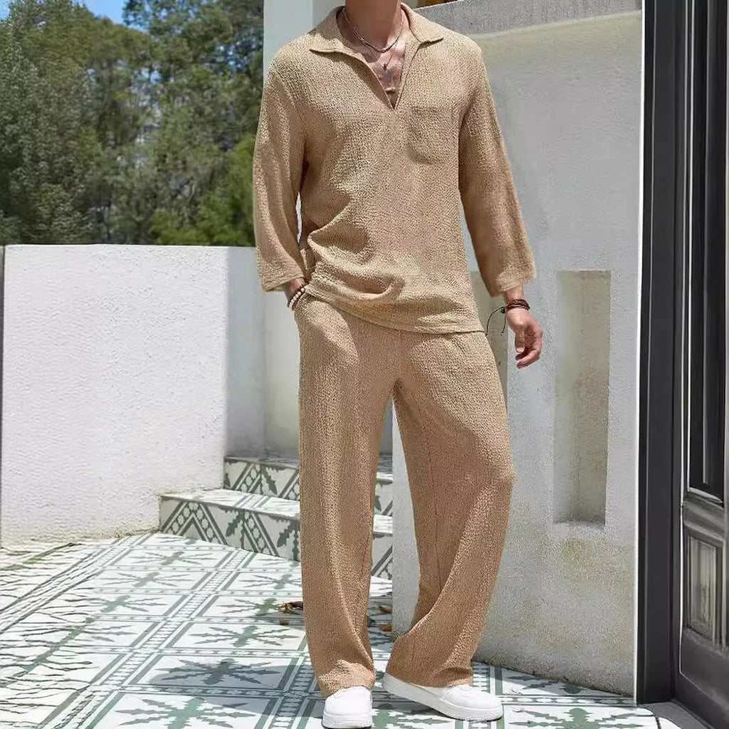 Men's casual shirt and trousers suit set in four colour options: lake blue, khaki, black, caramel.