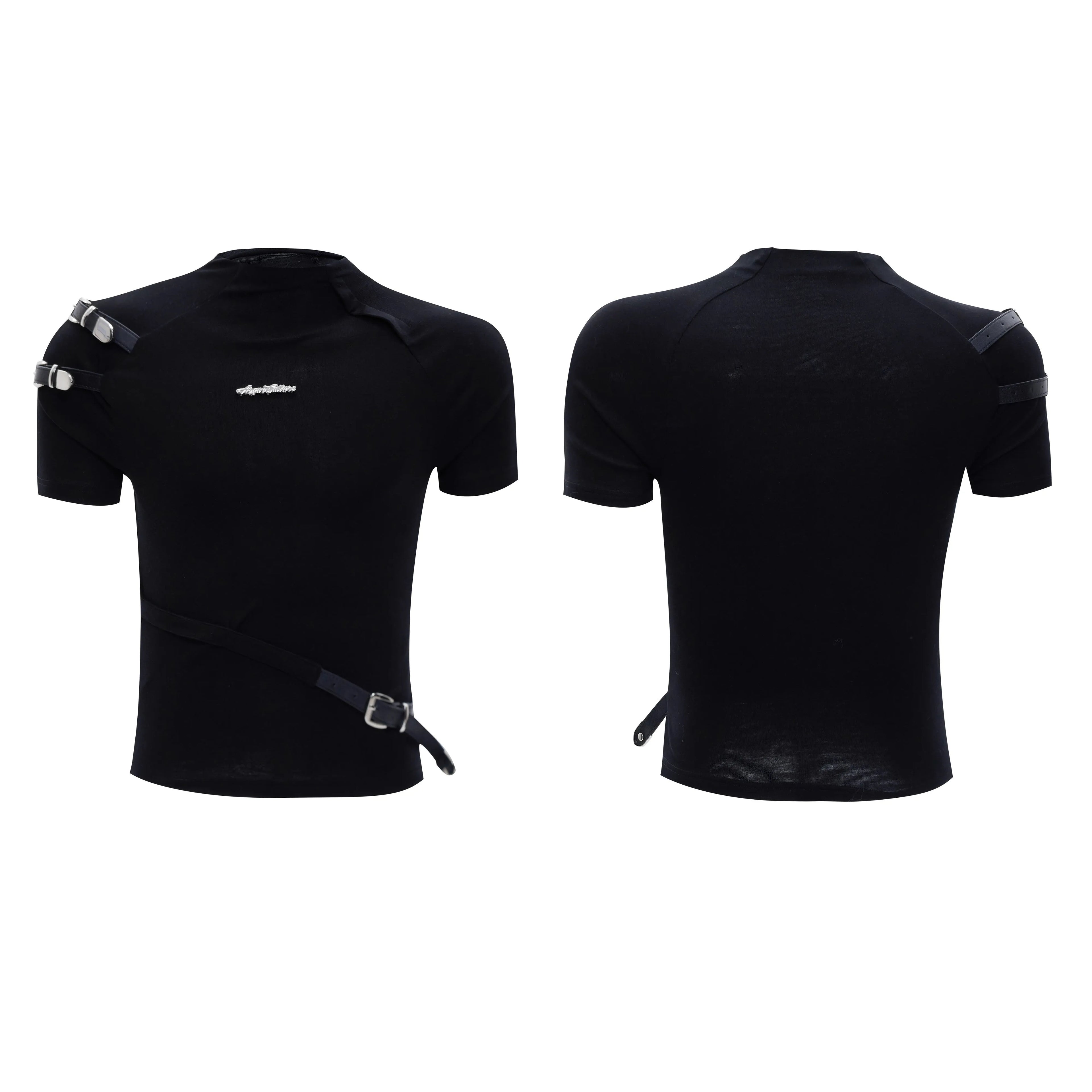 Cotton men's short sleeve T-shirt with metal belt detail and stand-up collar in slim fit design