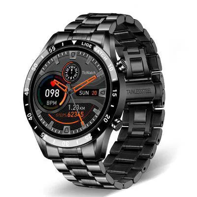 Smart watch with stainless steel wristband and 1.3-inch display showing step counter interface