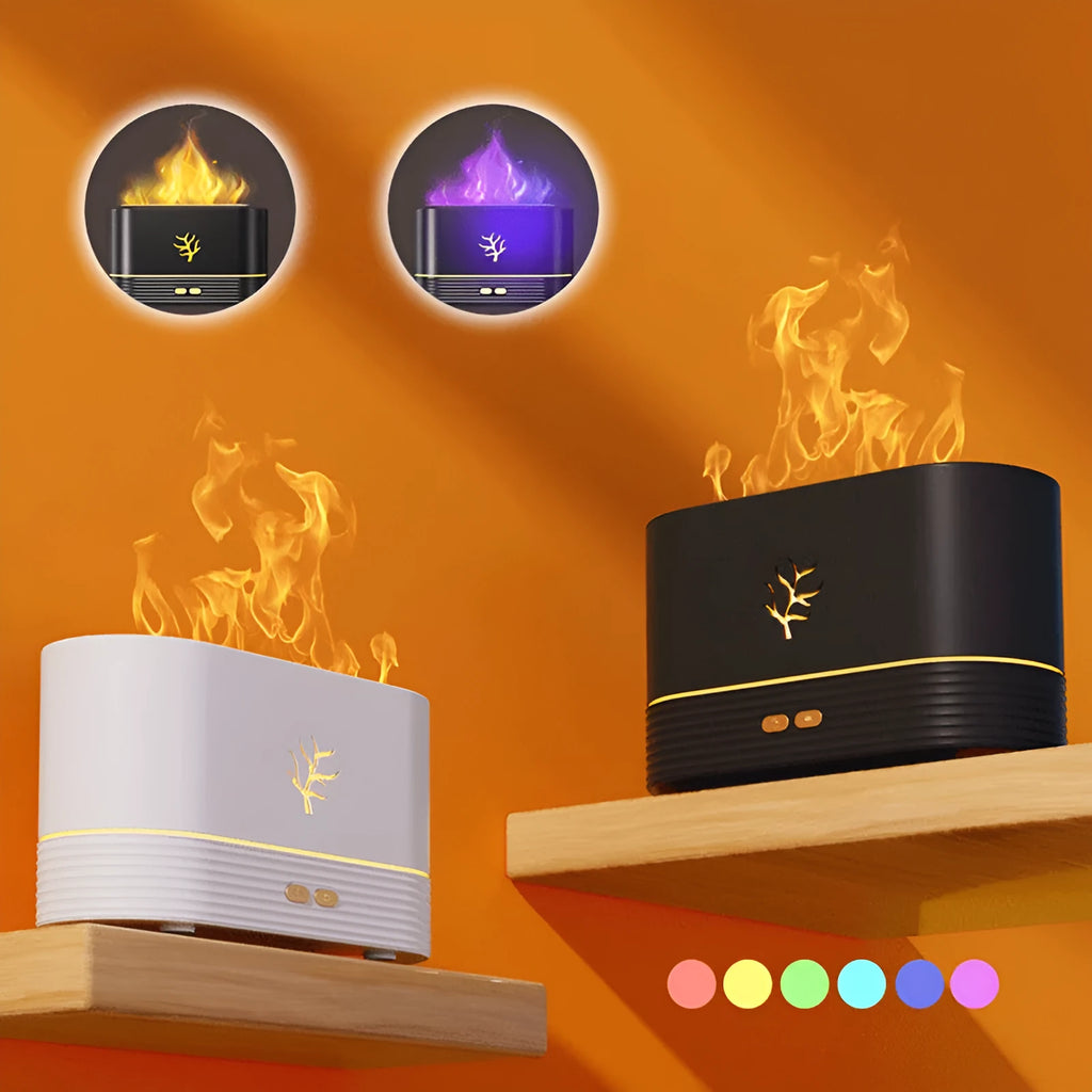 White USB flame humidifier with LED fire effect and square design on a wooden table