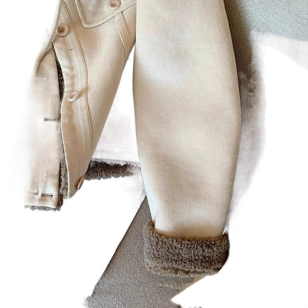 Loose thick small fur coat for women in beige apricot colour, sleeveless with velvet thickening