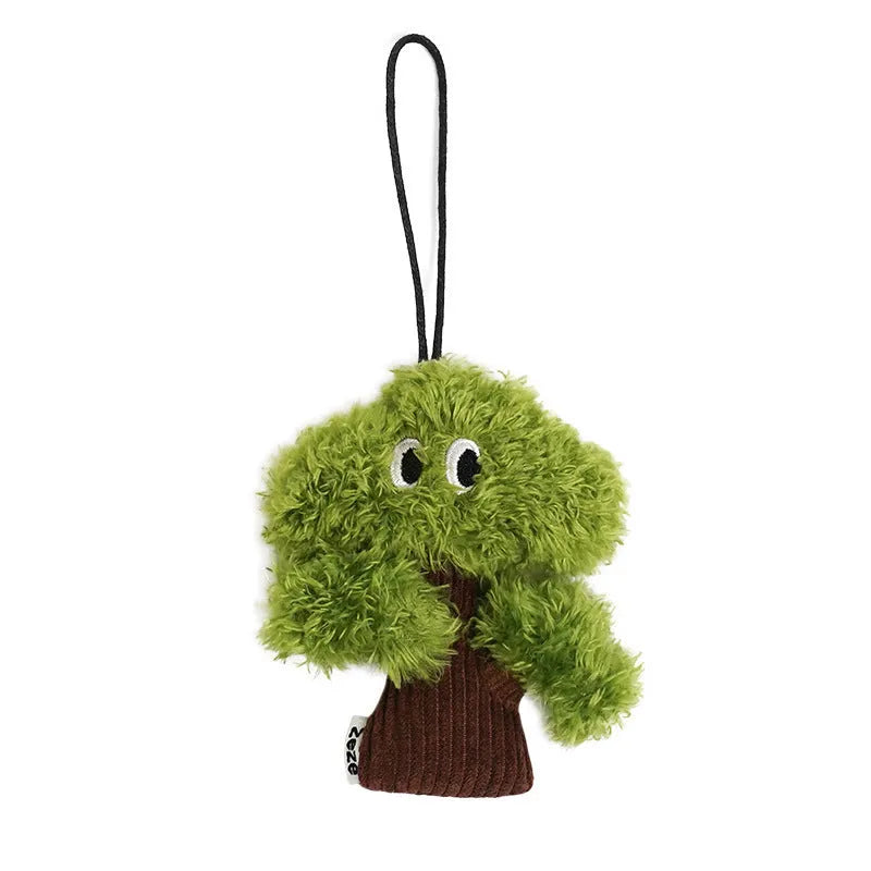 Green pine tree shaped fabric cat toy bag with hanging loop.