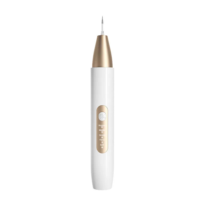 Gold coloured ultrasonic tooth cleaning device for removing tartar and stains.