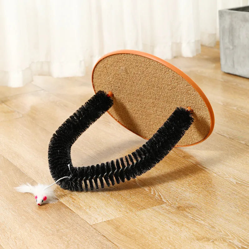 Black plastic cat hair rub anti-itch device with arch brush and attached lanyard mouse toy