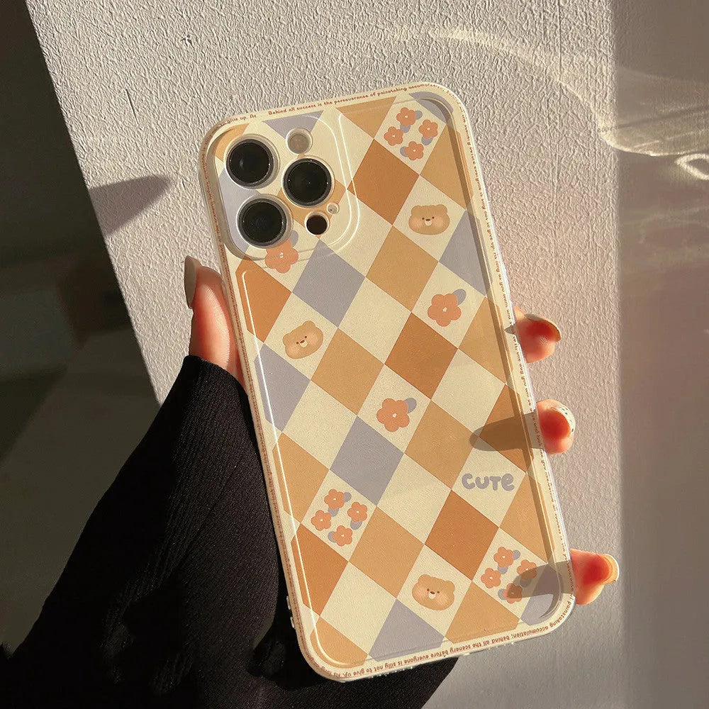Soft TPU phone case with geometric rhombus grid checkerboard pattern for Apple iPhone protection