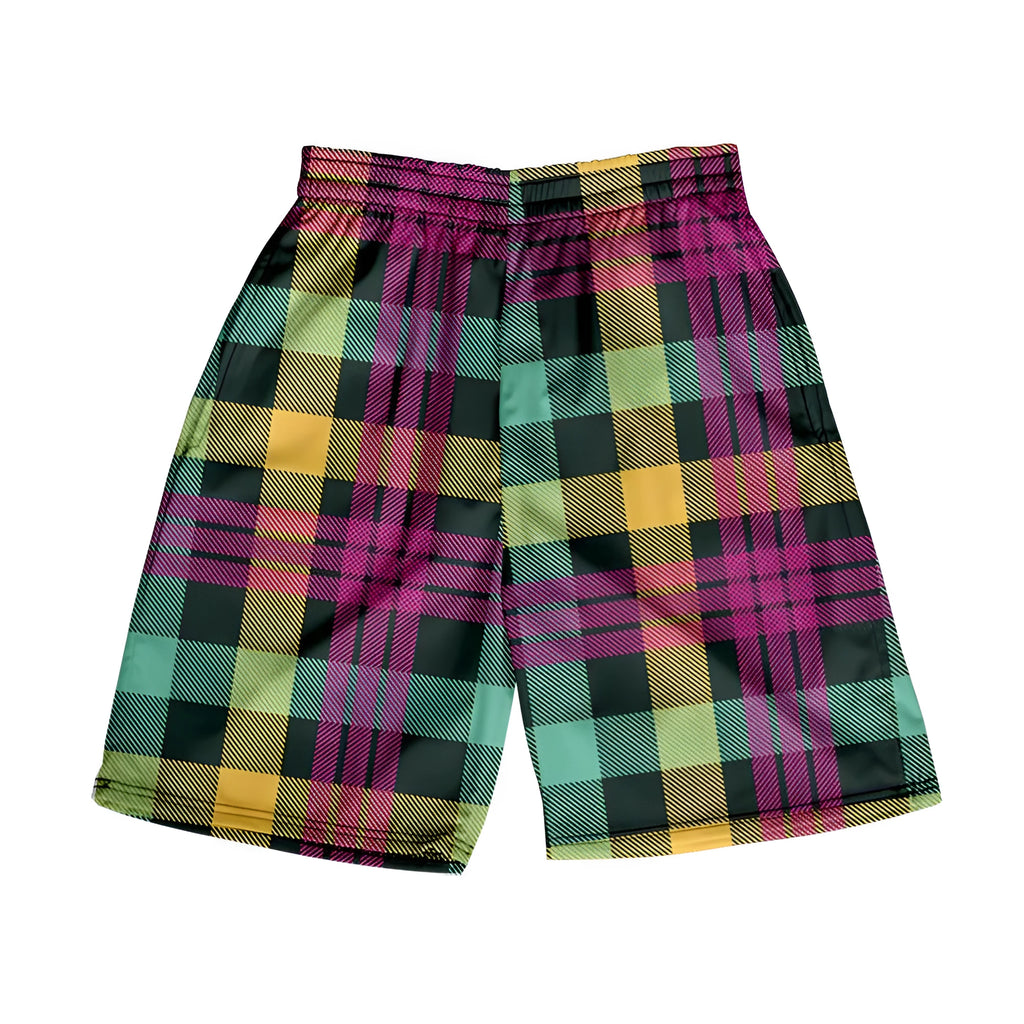 Men's plaid shorts with digital print pattern in polyester fabric, straight fit casual beach pants