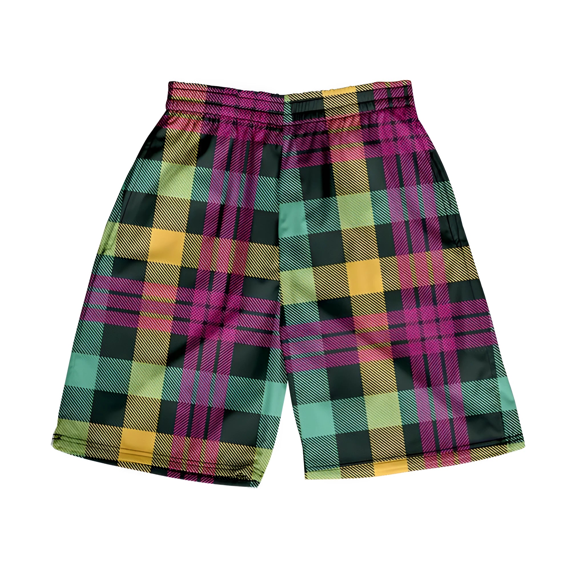 Men's plaid shorts with digital print pattern in polyester fabric, straight fit casual beach pants