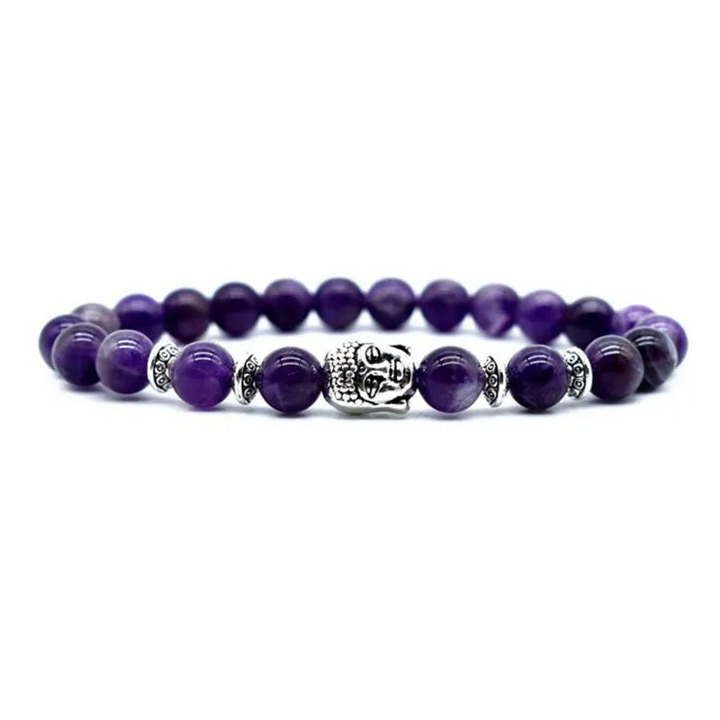 Bracelet with 19mm Buddha head beads in five stone options including amethyst and tiger eye