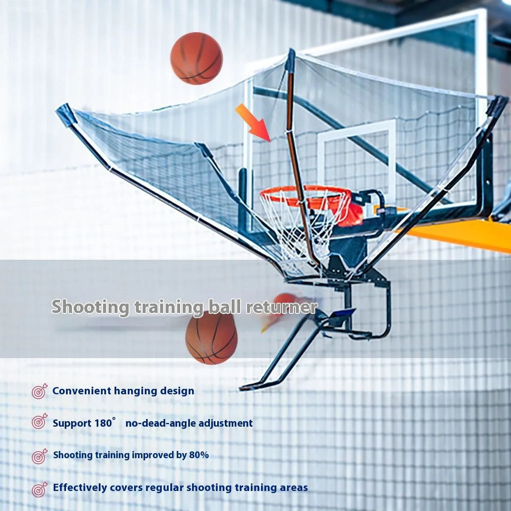 Automatic basketball return training unit hanging from a hoop for solo shooting practice.