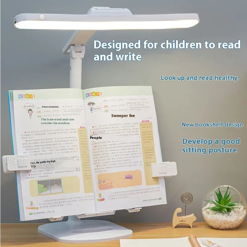 Adjustable multifunctional table lamp with an integrated bookshelf shelf on a wooden desk.